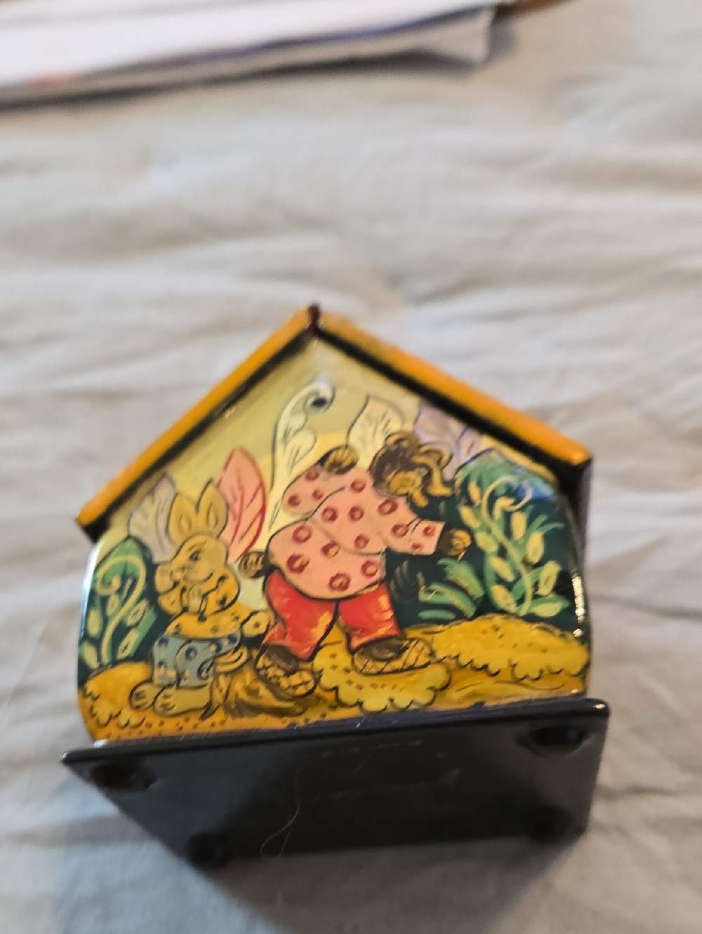 Hand-Painted Folk Art House Figurine - Yellow, Red, Green